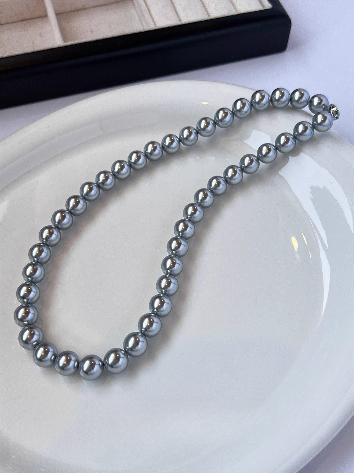 gray pearl necklace 925 silver neck chain autumn and winter sweater chain women's silver gray8mm- 12mm