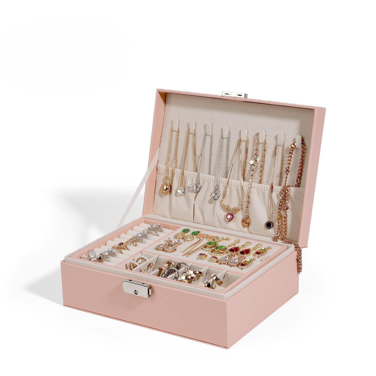 Double Jewelry Box Storage Box, Ring Necklace Jewelry Storage Box PU Leather Jewelry Storage Box with Lock