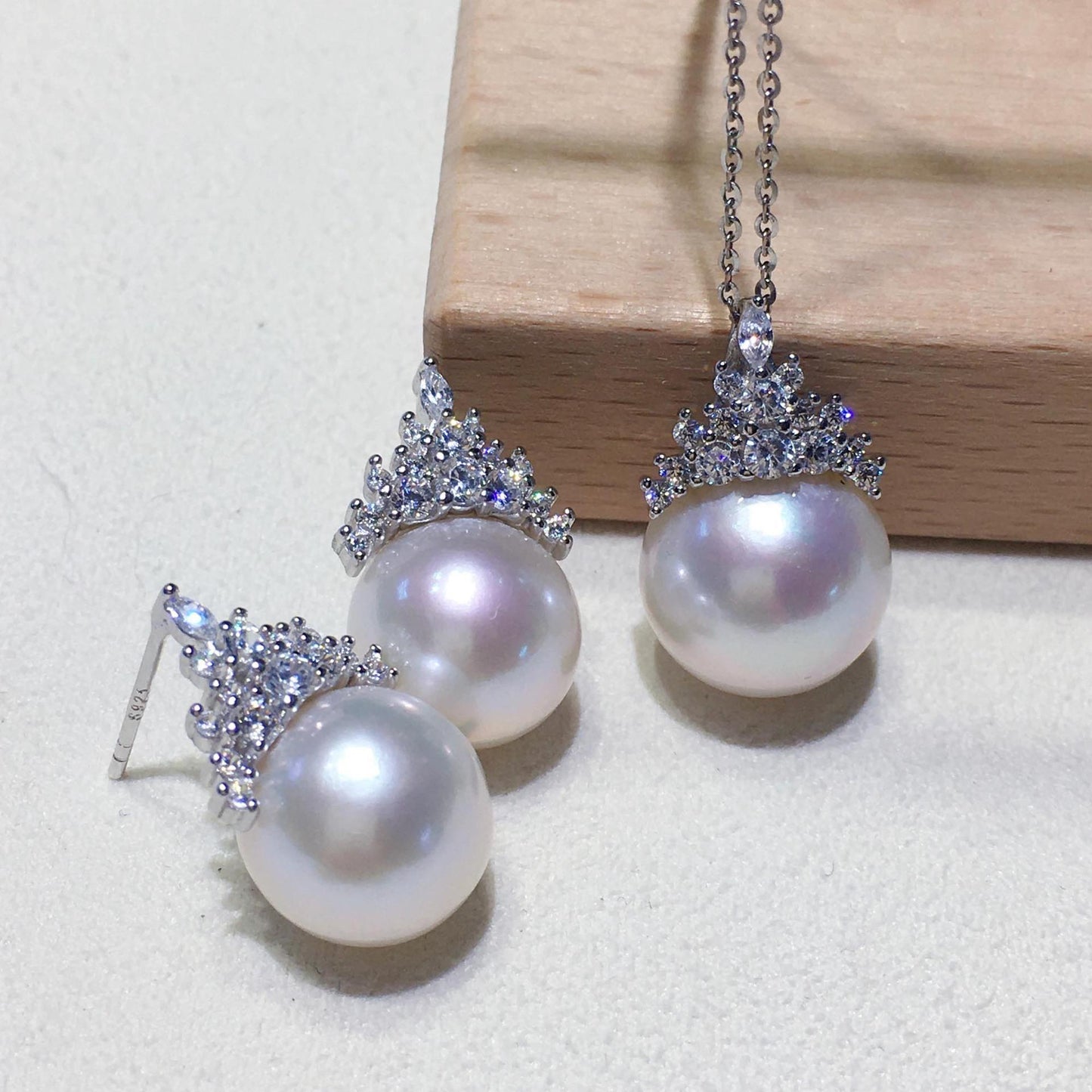 14mmTianran freshwater pearl s925 silver ice and snow queen, pendant stud earrings set