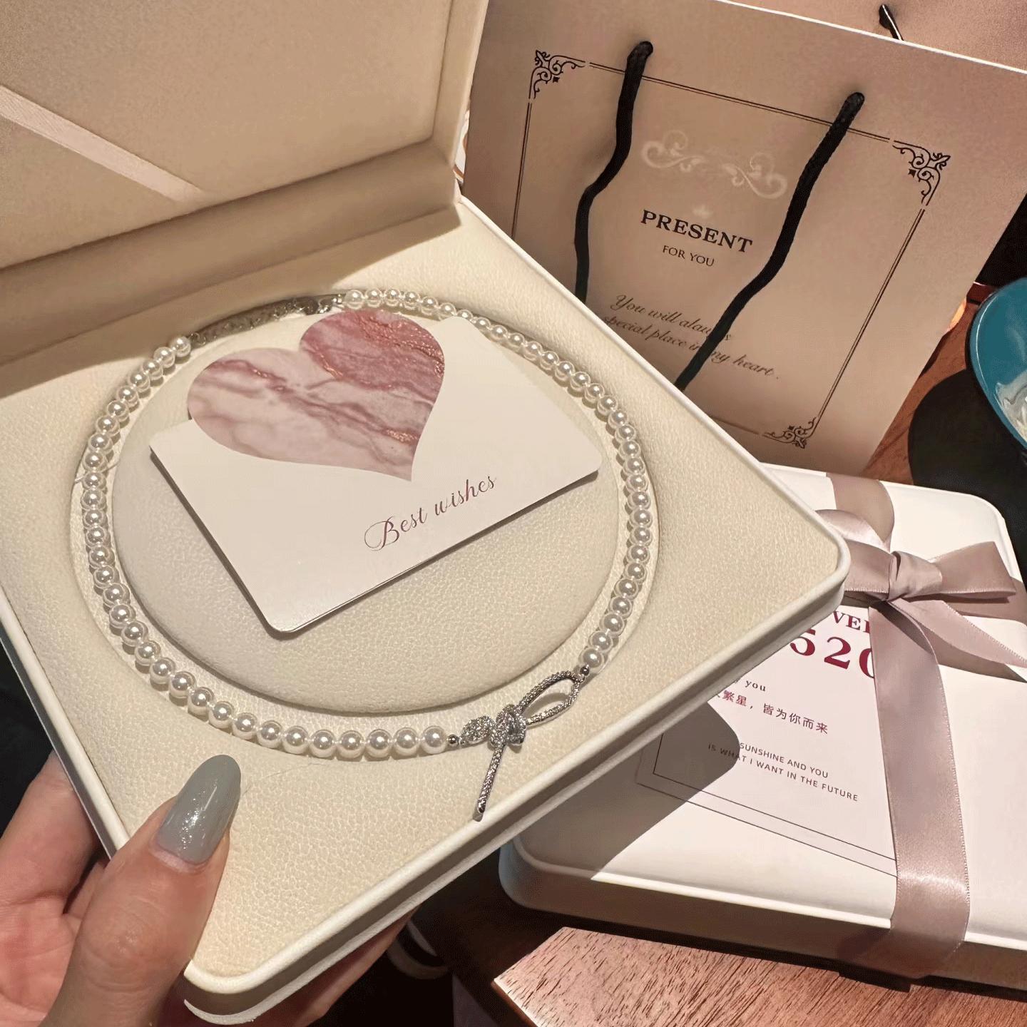 White & Gray Baby Pearl Necklace with Bow – 4mm 6mm 8mm Pearl Chain, Elegant Gift for Girls, Girlfriend & Wedding