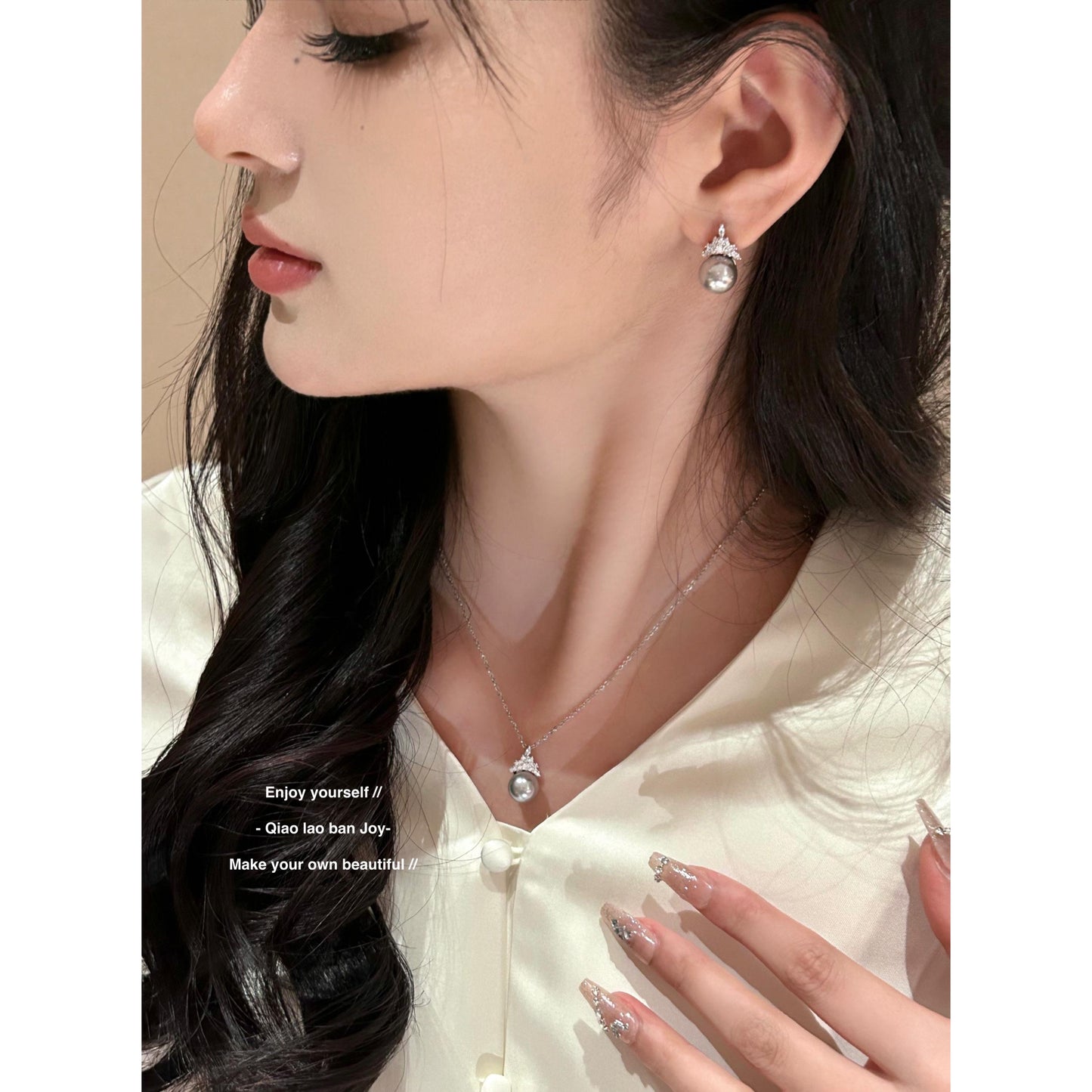 Flash diamond gray pearl necklace earrings set 925 silver needle set light luxury texture temperament simple, girlfriend gift, party