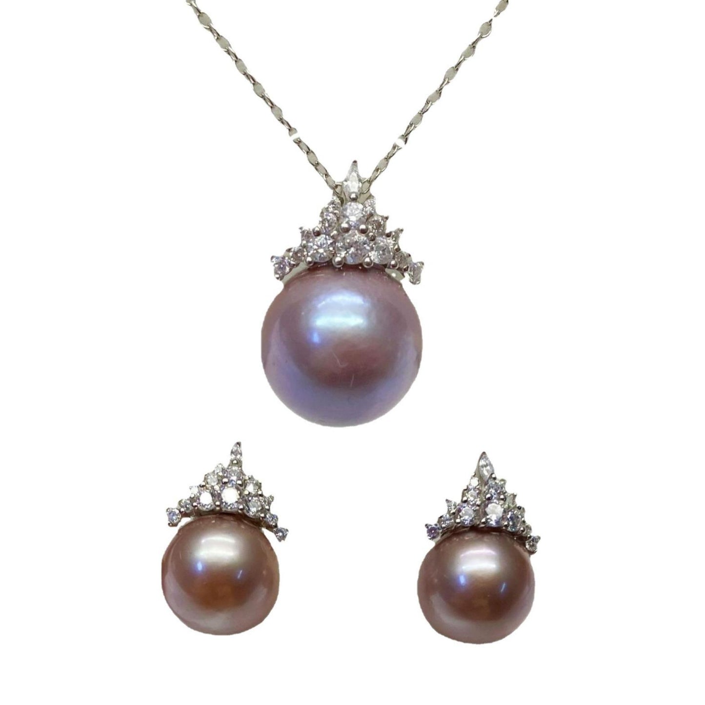 14mmTianran freshwater pearl s925 silver ice and snow queen, pendant stud earrings set