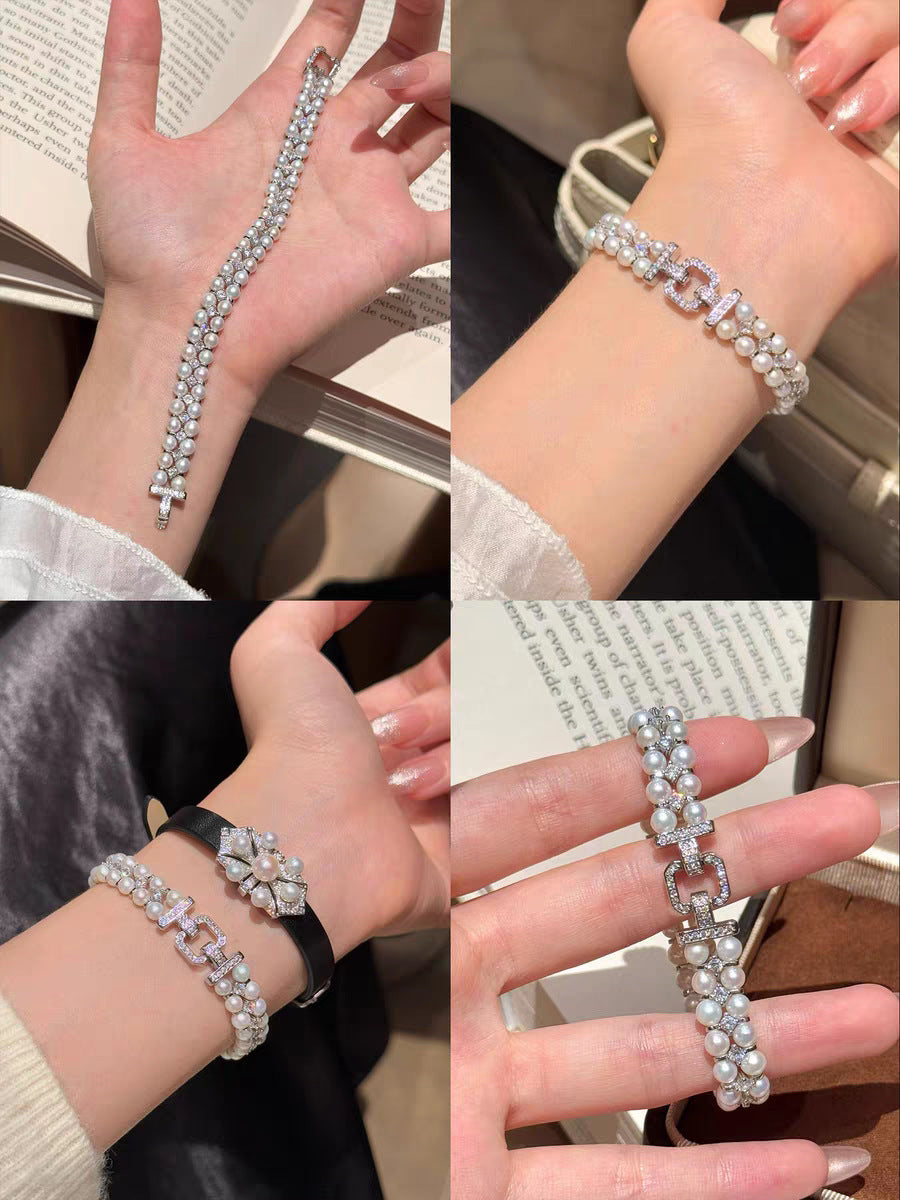 复古编织双排钻扣珍珠项链繁花手链可拼接毛衣链气质百搭生日礼物5mm白色