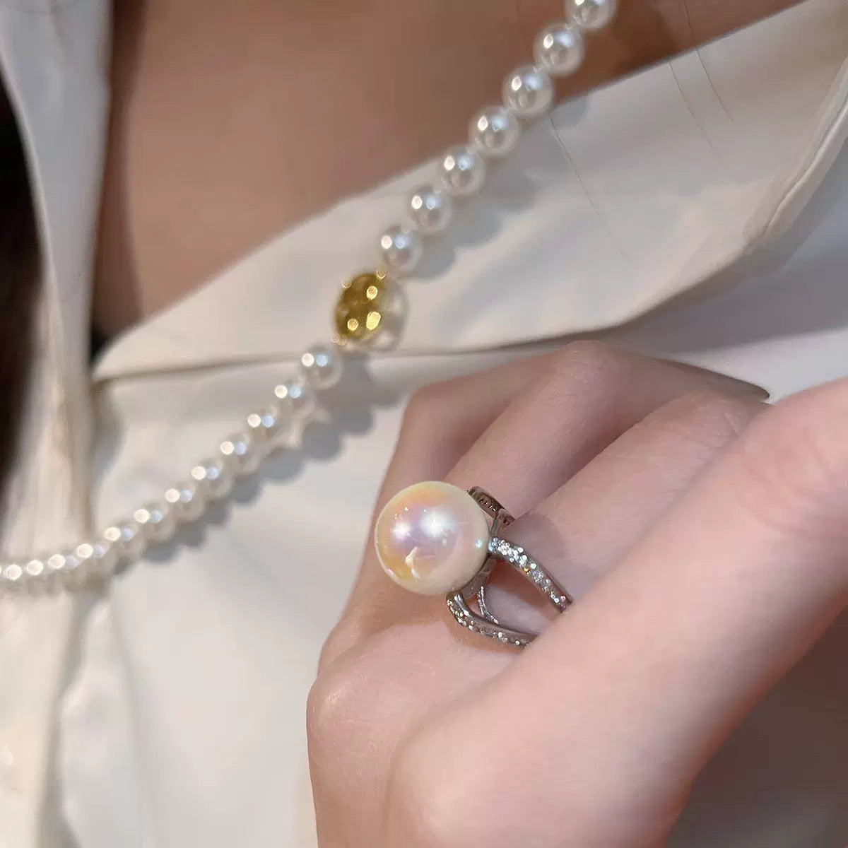 Luxury Style Version Pearl & Zircon Open Ring – Women’s Adjustable High-End Diamond-Set Jewelry