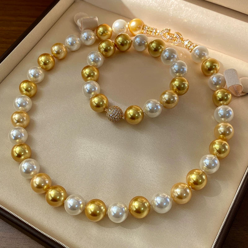 Premium South Sea Shell Pearl Necklace - Luxury 18K Gold Finish Multi-Tone Pearl Strand for Women, Timeless Elegance Choker