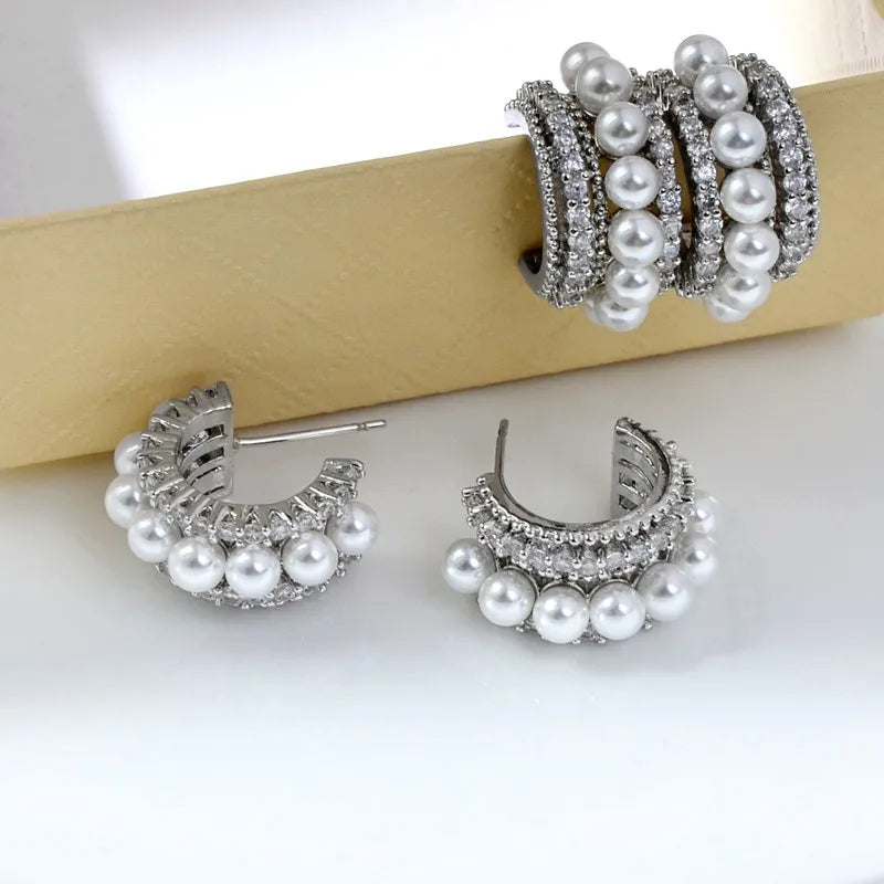C type multi-layer full diamond stud earrings pendant fashion French mother shell pearl stud earrings women's shell pearl