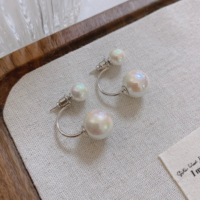 Size pearl stud earrings women's light luxury strong light daughter gold C type double-sided earrings shell pearl