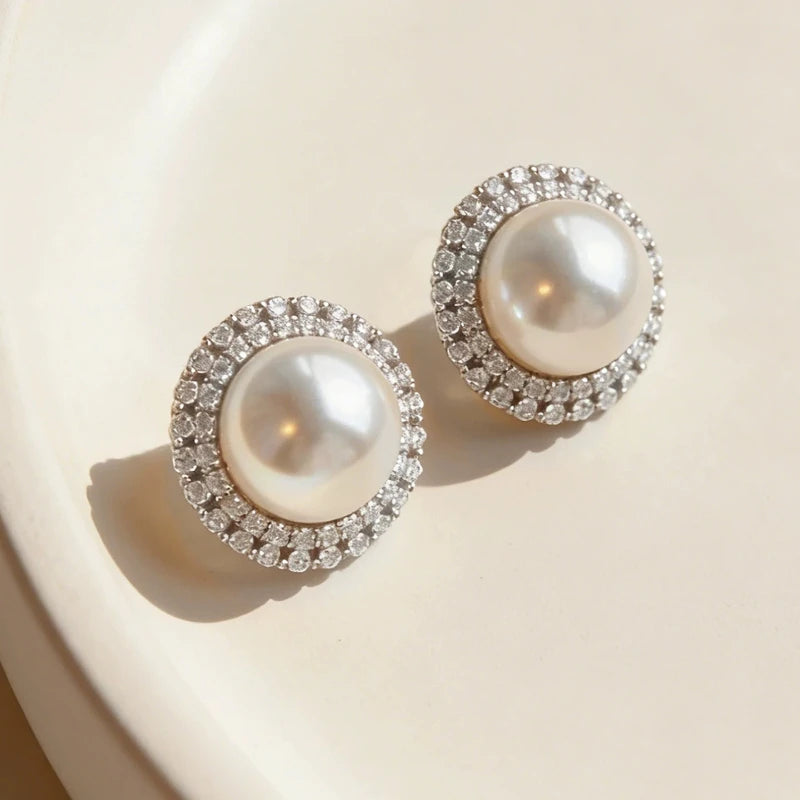 Diamond Halo Pearl Stud Earrings – Elegant Luxe Daily Wear | Classic Pearl Jewelry