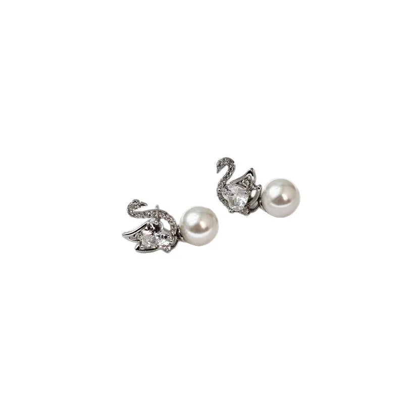 Elegant Swan Shell Pearl Drop Earrings for Women | Zircon Crystal Stud Earrings Jewelry
