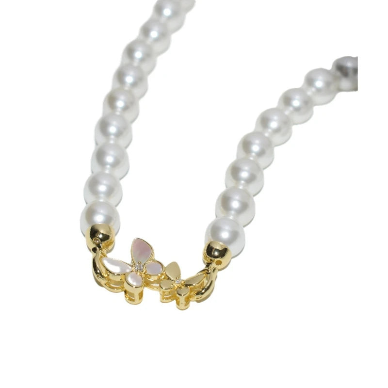 Butterfly Floral Clasp Pearl Necklace Women Gold Shell Pearl Choker Elegant Jewelry Gift