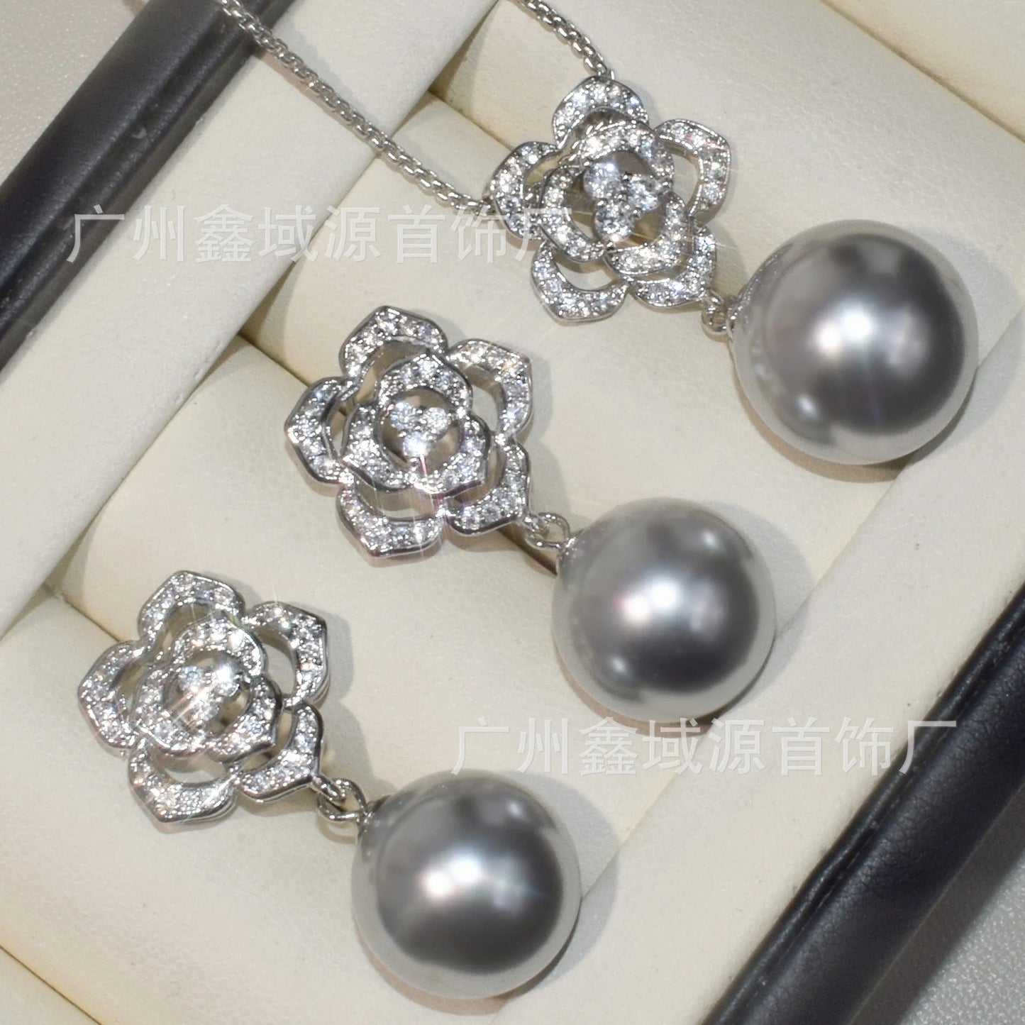 Luxury Camellia Pearl Jewelry Set – Sparkling CZ Flower Necklace & Earrings | Bridal & Daily Wear