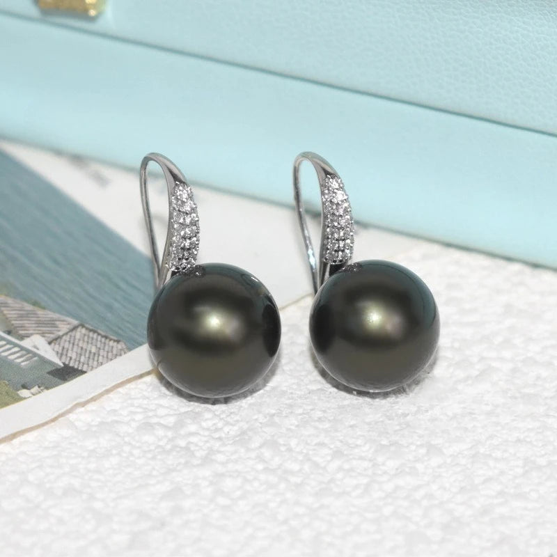 12mm Black Pearl Earrings with Sparkling Zircon – Elegant Hook Earrings for Work & Date