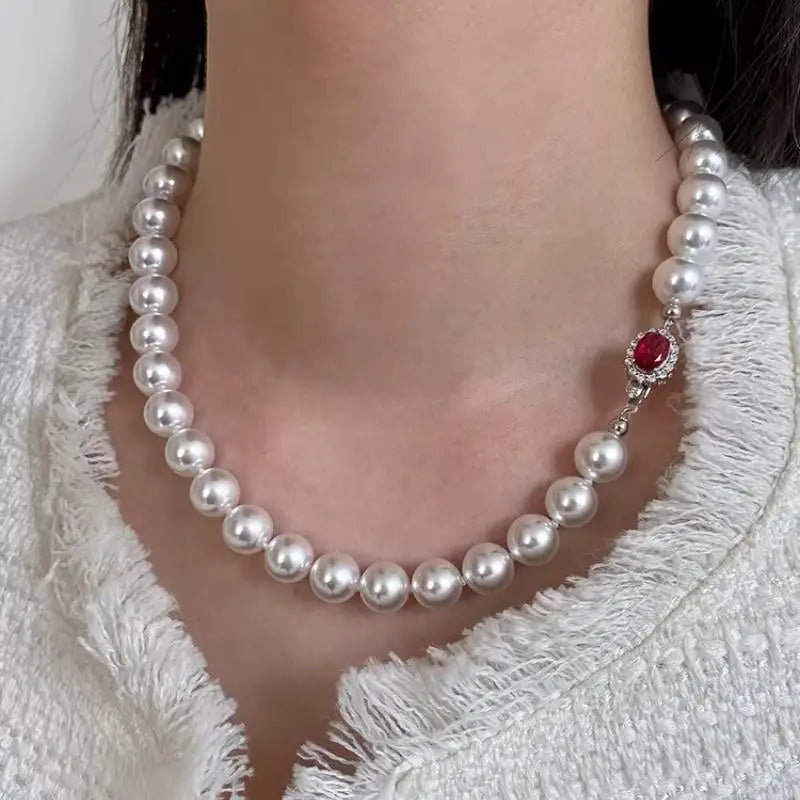 Elegant White Pearl Necklace for Women, Red Crystal Clasp Pearl Choker Necklace, Vintage Jewelry Gift