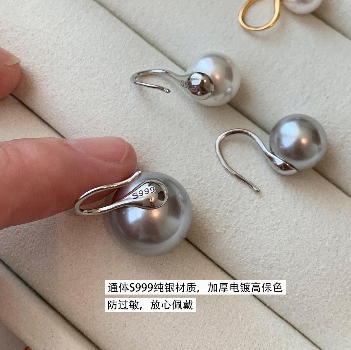 999 sterling silver, grey pearl stud earrings for women, high heels, earrings.
