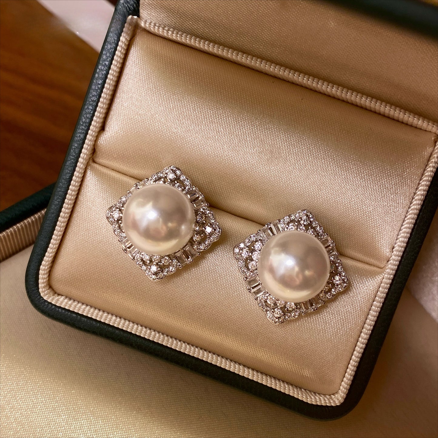 Gold & White Pearl Earrings | Geometric Rhombus Design with Miniature Zircon | S925 Silver | Niche Premium Stud Earrings