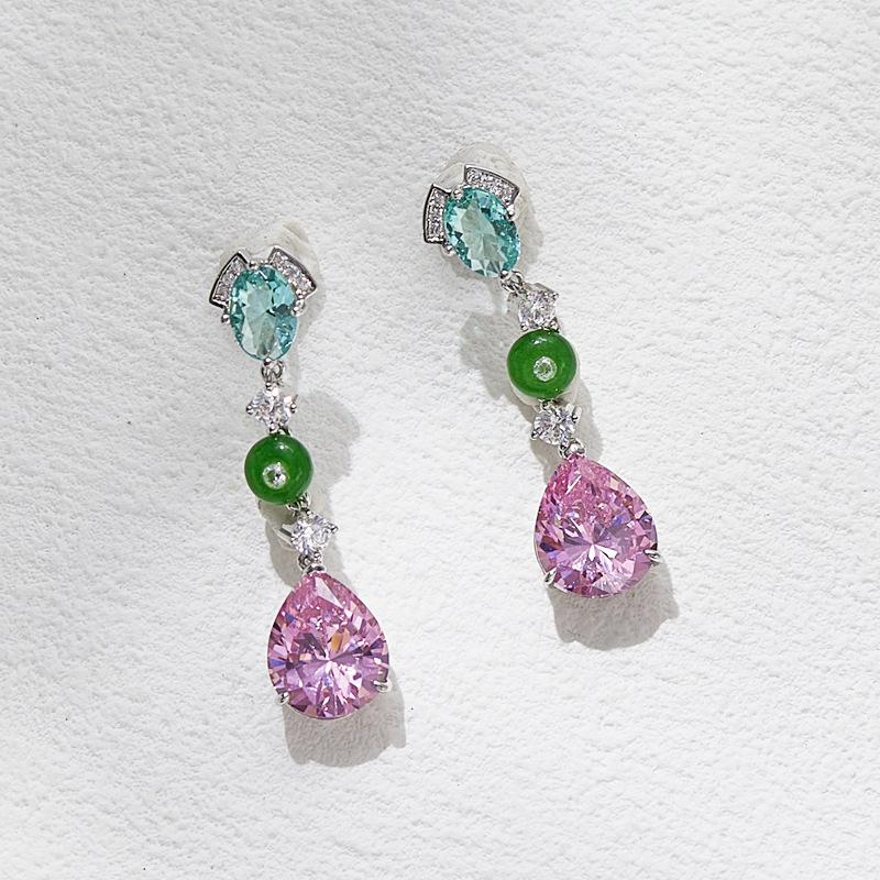 Pink pear-shaped earrings, gold-plated pear-shaped main diamond, light luxury women's evening dress earrings