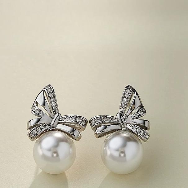 12Mm white pearl earrings bow beads zirconium sparkle French niche exquisite high-end women classic fashion elegant luxury jewelry gift