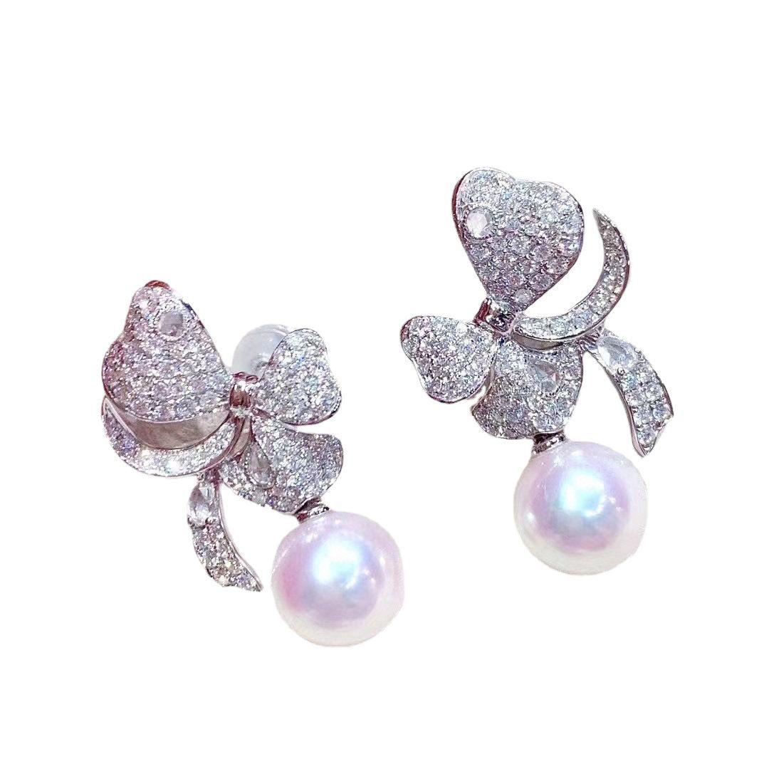 New Girly Bow Earrings S925 Sterling Silver Earrings Pearl Diameter 9-10MM White Pearl