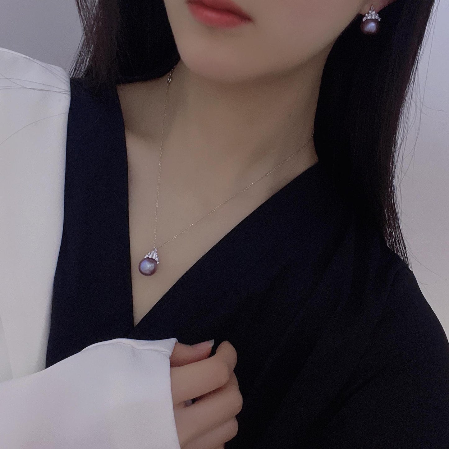 14mmTianran freshwater pearl s925 silver ice and snow queen, pendant stud earrings set