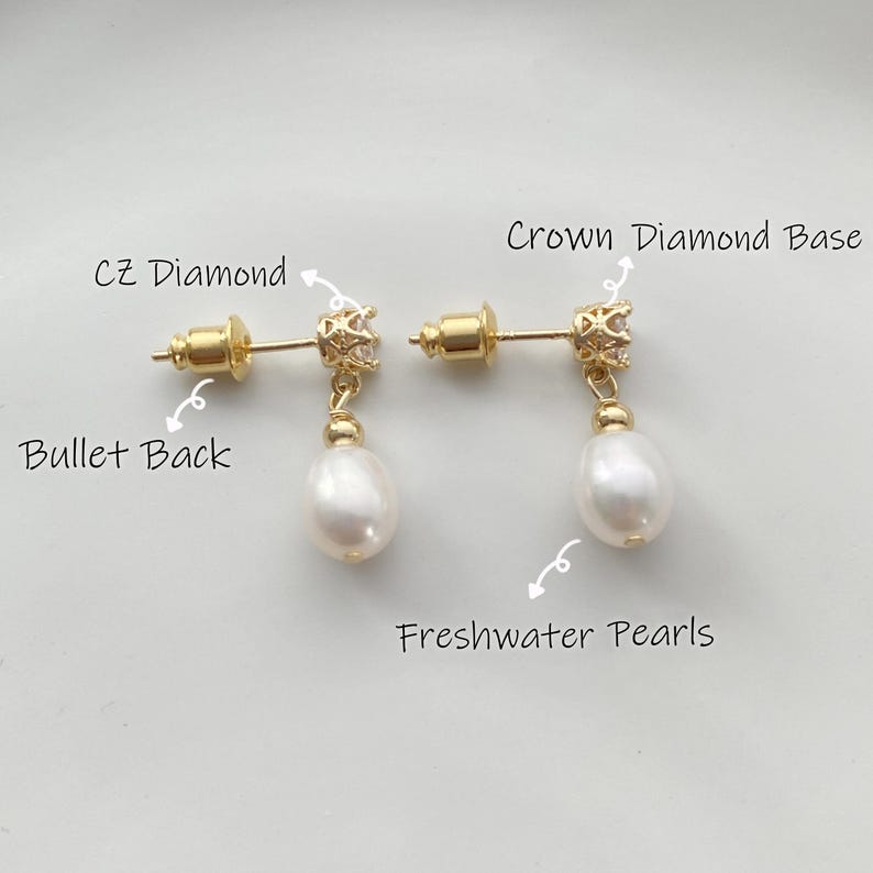 Diamond Pearl Stud Earrings,Dainty Freshwater Pearl Earrings,Gold Minimalist Drop Earrings,Bridal Earrings,Wedding Earrings,Bridesmaid Gift