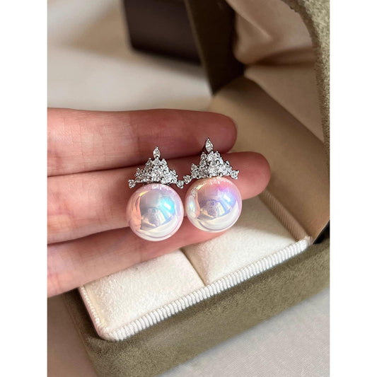 Pink Diamond Crown Pearl Stud Earrings 12mm Birthday Gift Non Natural Crystal Jewelry for Women Girls Elegant Fashion Accessories Trendy Style