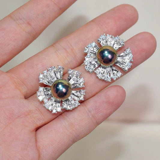 10Mm colorful real hemp earrings, flower pattern 925 silver needle irregular ruffle edge, silver large flower pearl stud earrings