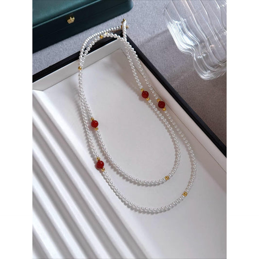 Green jade marrow white pearl mixed necklace long women sweater chain small rice beads can be layered 2 layers 3 layers can be layered