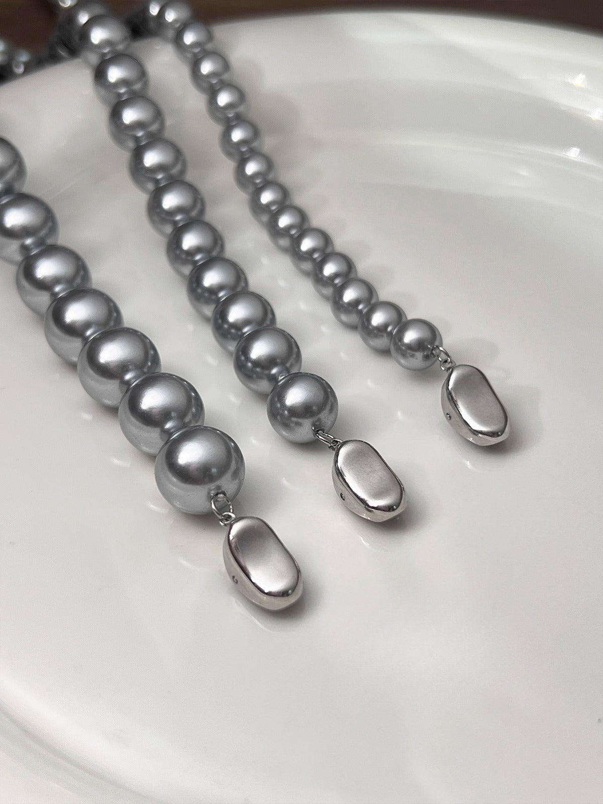 gray pearl necklace 925 silver neck chain autumn and winter sweater chain women's silver gray8mm- 12mm