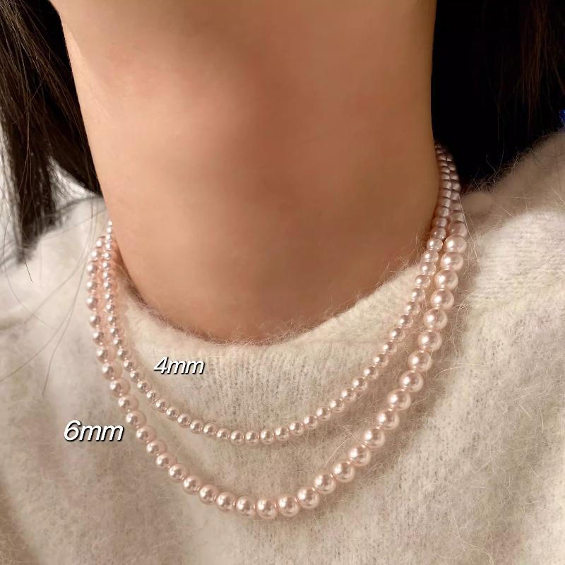 Blush Pink Pearl Necklace – 6mm / 8mm / 10mm / 12mm Classic Beaded Strand, Elegant Gift for Her shell pearl