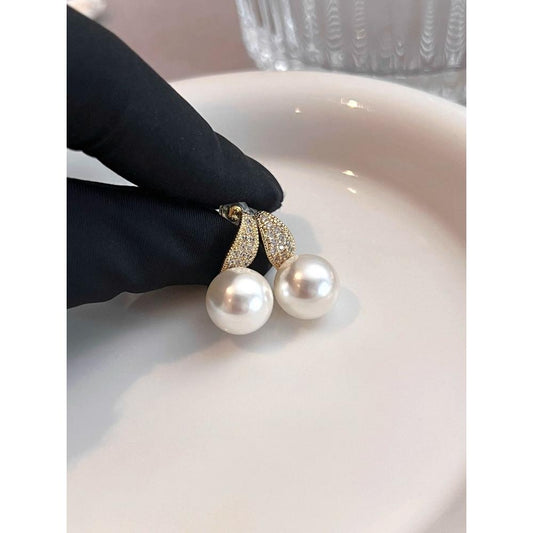 French Super White Pearl Stud Earrings | 12mm Retro Design | Hot Sale 2025 Trends | Diamond & Gold Affordable Luxury | Square / Round Face Fit