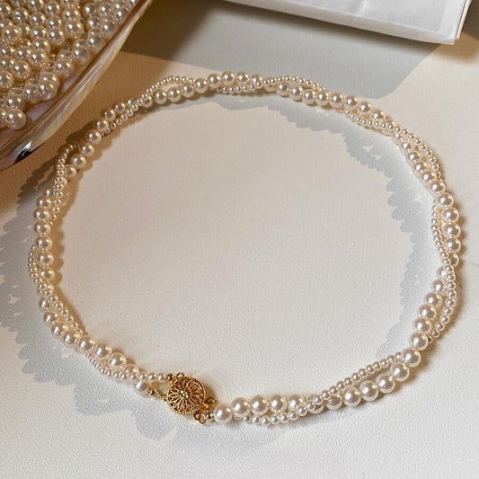 3mm+6mm 17.5inch French double-layer winding twist pearl necklace, high-end sense niche retro milk white stacked collarbone chain, cream white double-layer twist necklace
