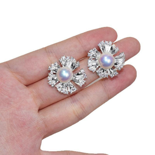 925 silver needle lotus leaf irregular silver large flower pearl stud earrings, simple fashion trend earrings
