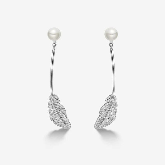 2-in-1 Detachable Feather Drop Earrings White Shell Pearl Elegant French Style Zircon Dangle Earrings Luxury Jewelry Gift Women