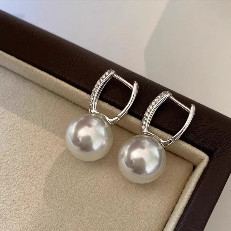 Elegant French Style Pearl Drop Earrings - S925 Sterling Silver | Classic & Versatile Dangle Hoops with Cubic Zirconia