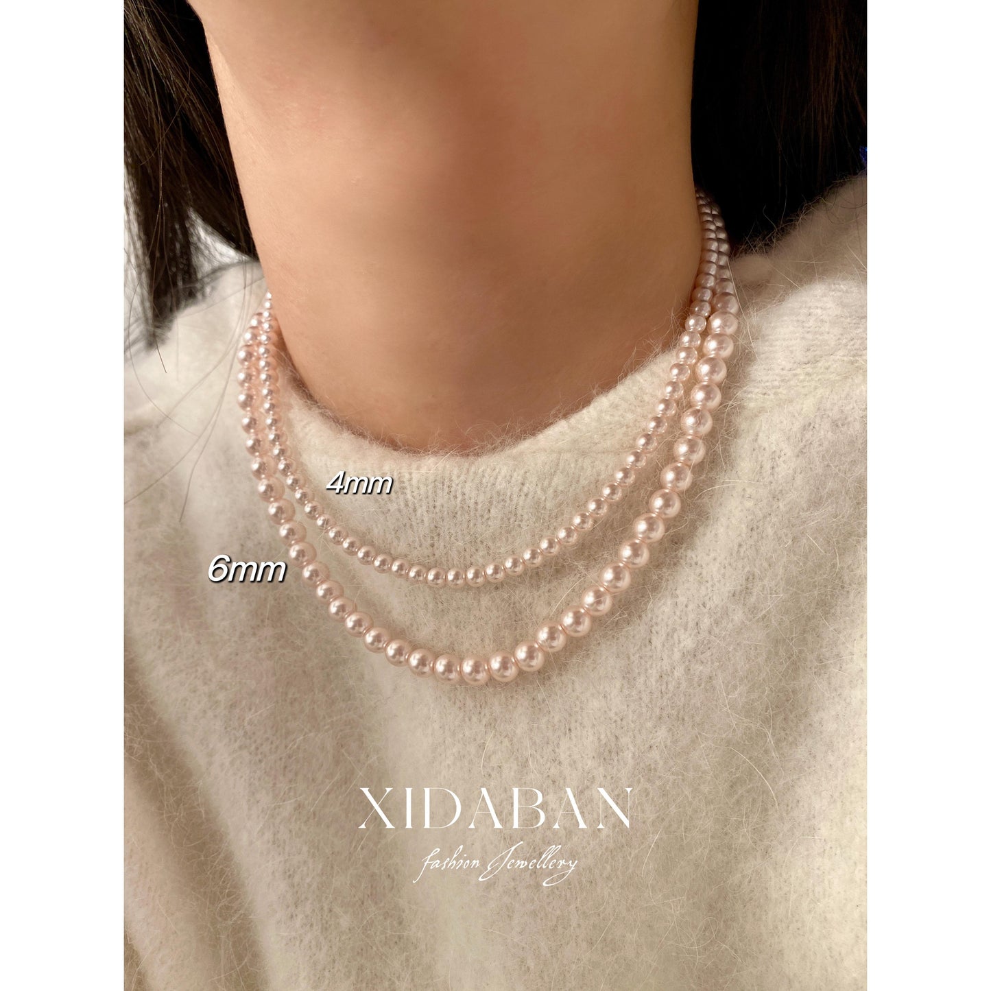 Blush Pink Pearl Necklace – 6mm / 8mm / 10mm / 12mm Classic Beaded Strand, Elegant Gift for Her shell pearl