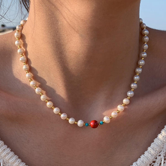 Unique and beautiful natural freshwater real pearl red cinnabar pendant necklace for women, suitable for summer light luxury high-end neck chain