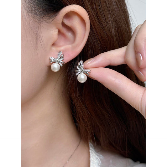 Bow Diamond Pearl Earrings Set for Women White Jewelry Cute Gift Idea Birthday Holiday Present