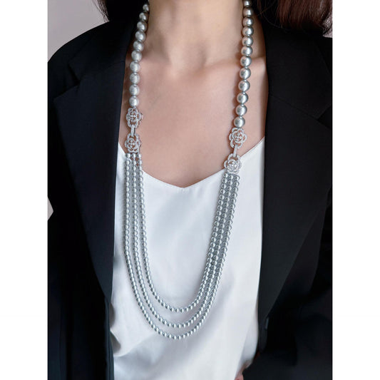 Grey Double Pearl Necklace Sweater Chain Layer Women's Long Gold, Suitable for Winter Dual Use, Can Be Short Gold Or Long Gold