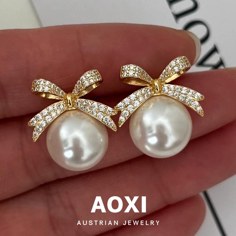 White Pearl Bow Stud Earrings 12mm 14mm Gold Cute Earrings Birthday Gift for Her Women Girls Fashion Jewelry