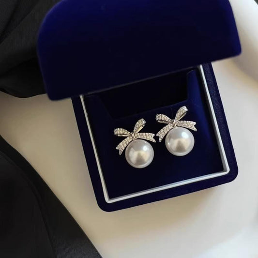 White Pearl Bow Stud Earrings 12mm 14mm Gold Cute Earrings Birthday Gift for Her Women Girls Fashion Jewelry