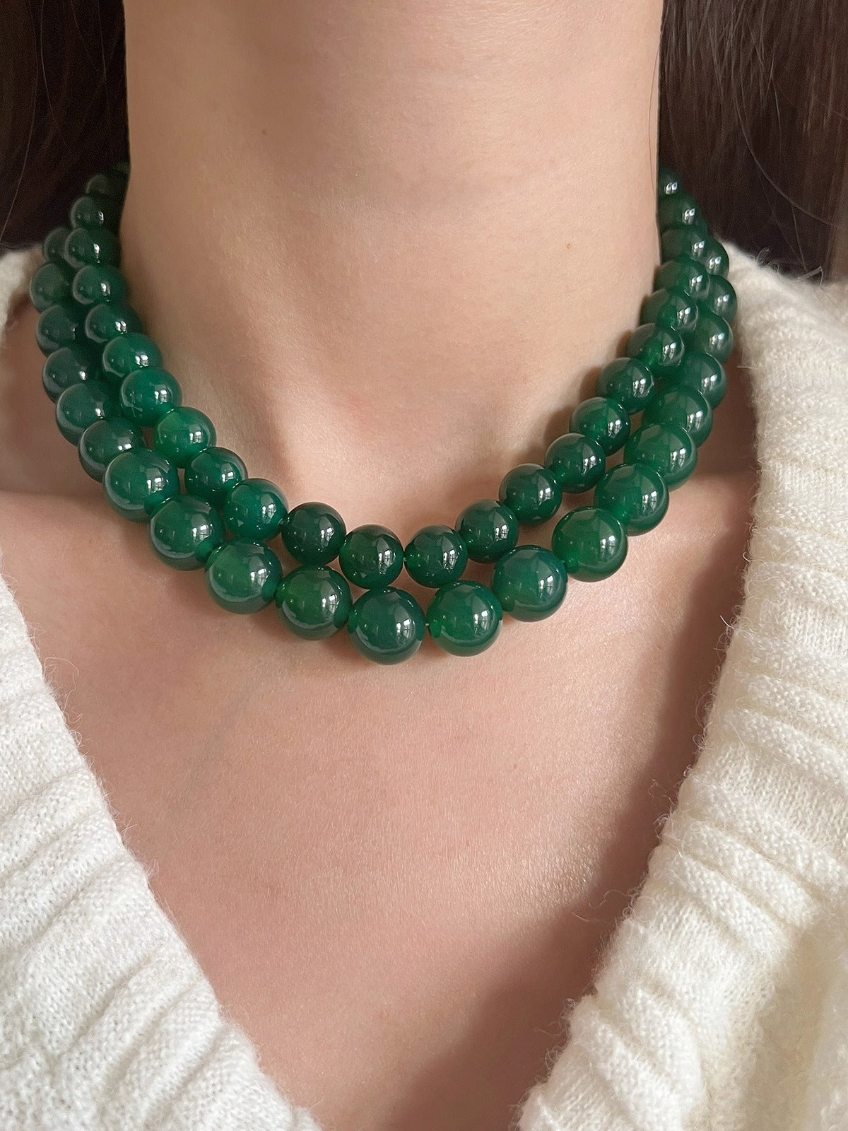Green Chalcedony Bead Necklace – Natural Green Gemstone Necklace with 925 Sterling Silver Clasp, Elegant Women’s Jewelry
