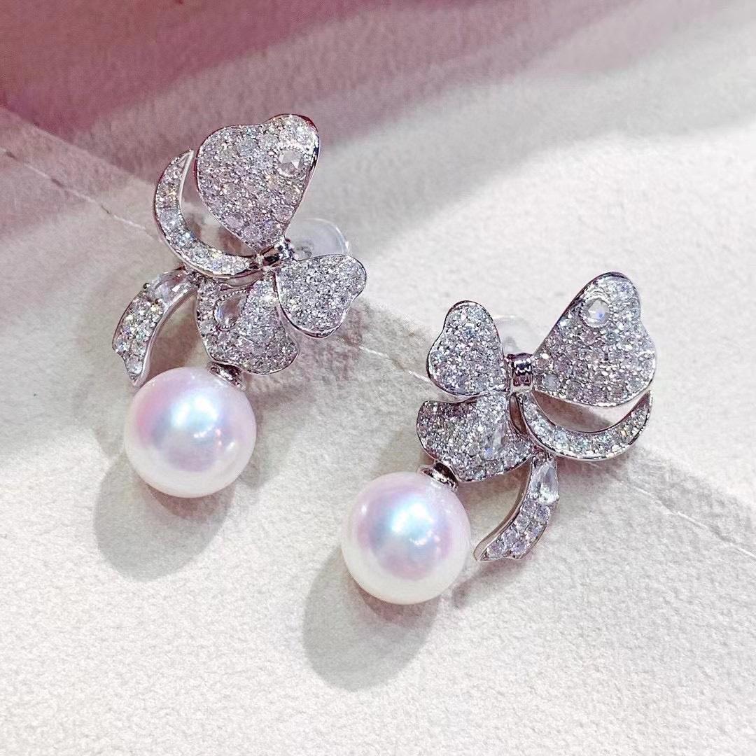 New Girly Bow Earrings S925 Sterling Silver Earrings Pearl Diameter 9-10MM White Pearl
