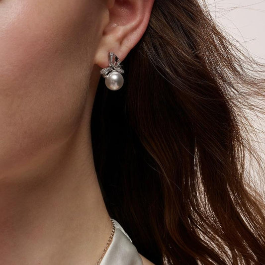 12Mm white pearl earrings bow beads zirconium sparkle French niche exquisite high-end women classic fashion elegant luxury jewelry gift
