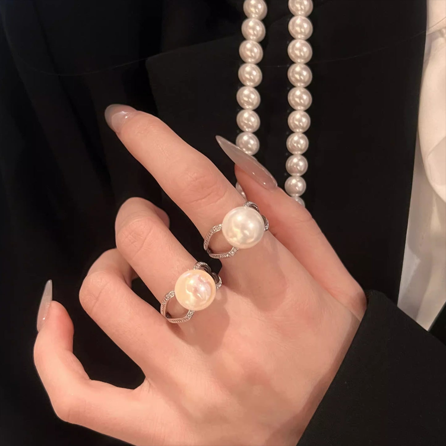 Luxury Style Version  Pearl & Zircon Open Ring – Women’s Adjustable High-End Diamond-Set Jewelry