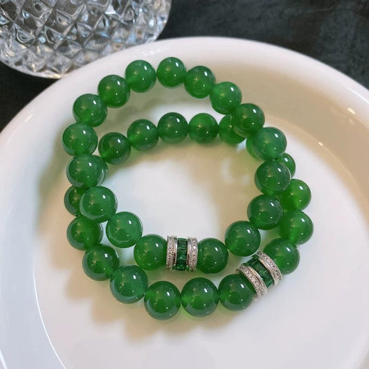 Vintage Green Jade Bracelet Emerald Rhinestone Elastic High End Daily Gift