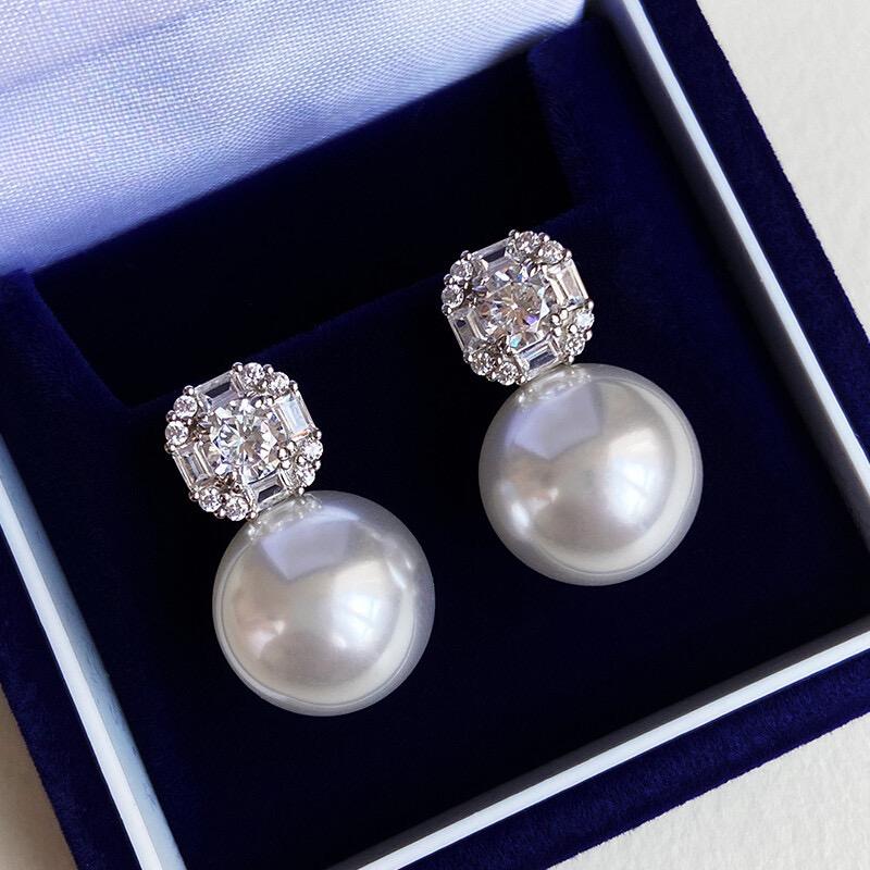 Small Sugar Cube Pearl Stud Earrings Premium Sense Silver Needle Super Flash Large Classic Earrings 12mm