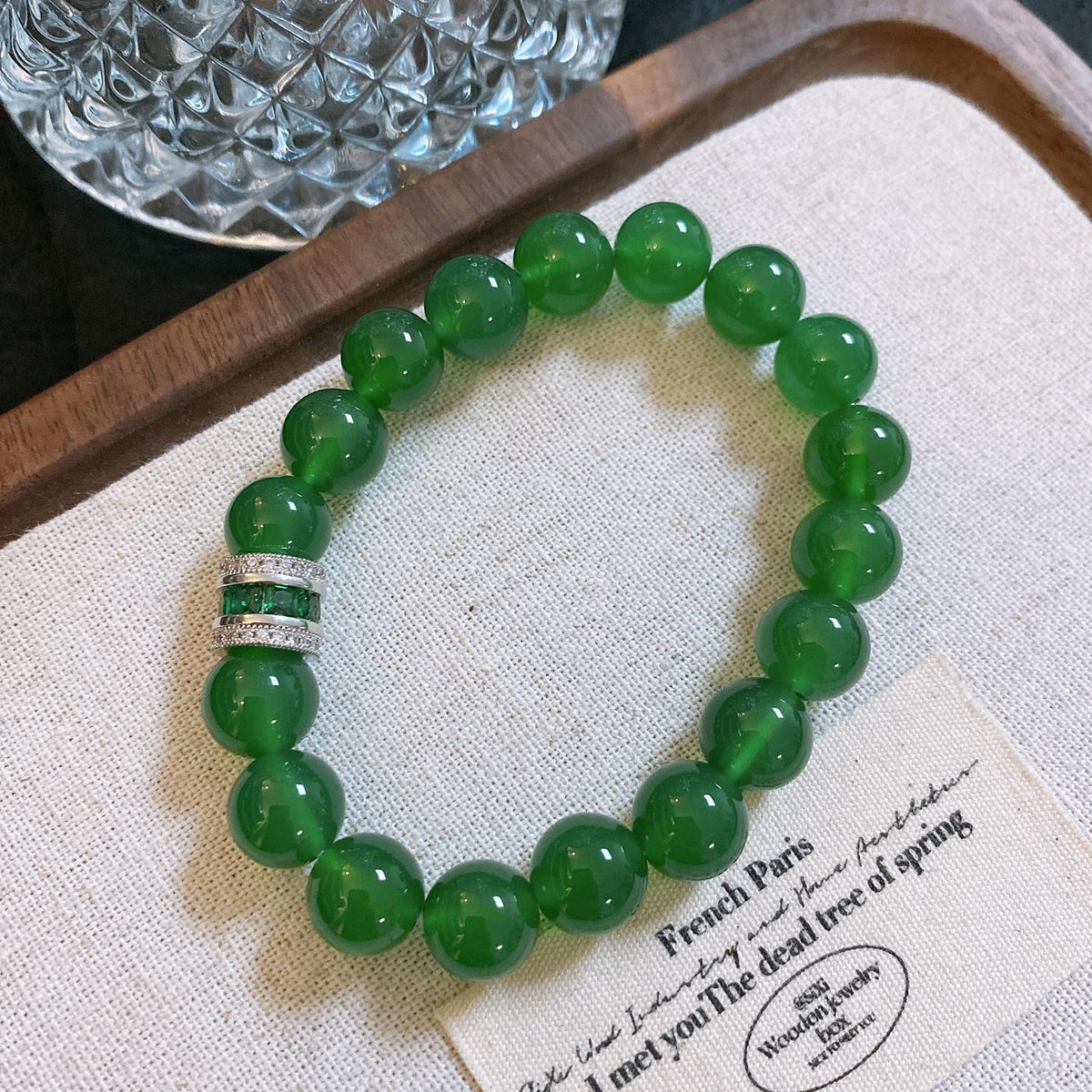 Vintage Green Jade Bracelet Emerald Rhinestone Elastic High End Daily Gift