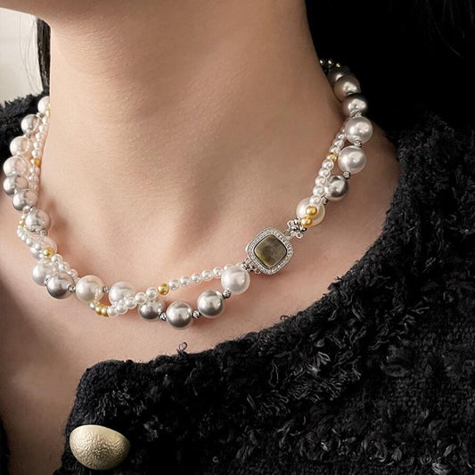 Mixed color pearl necklace, high-end double-layer new niche design twist necklace · Twist stacked mixed color double-layer sweater chain