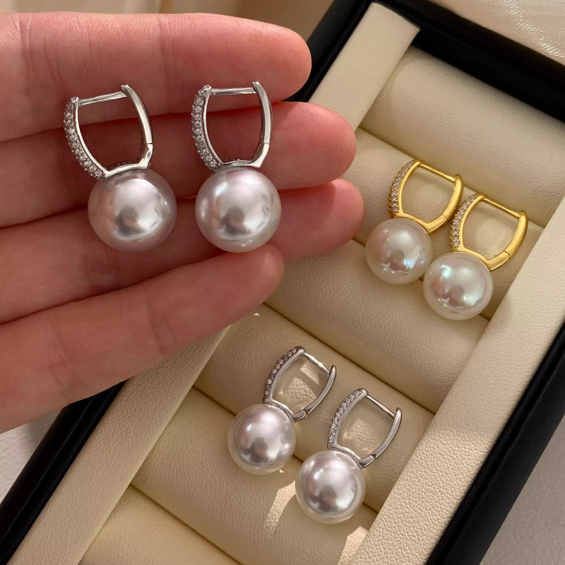 Elegant French Style Pearl Drop Earrings - S925 Sterling Silver | Classic & Versatile Dangle Hoops with Cubic Zirconia