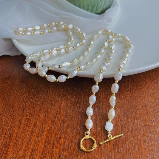 Natural freshwater baroque necklace, long, gold ball decoration, can be worn in multiple layers, suitable for bohemia, work, parties, birthday gifts
